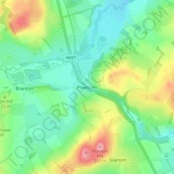 Powburn topographic map, elevation, terrain