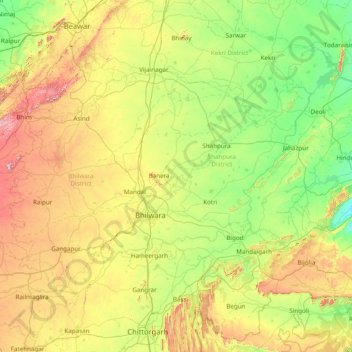 Bhilwara topographic map, elevation, terrain