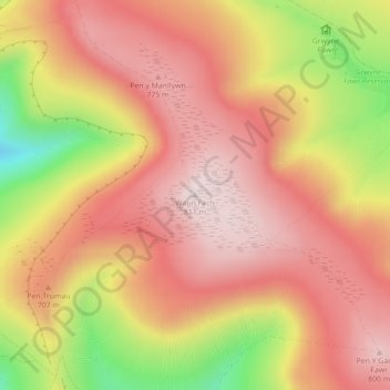 Waun Fach topographic map, elevation, terrain