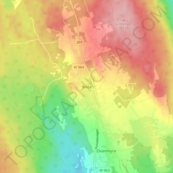 Boda topographic map, elevation, terrain