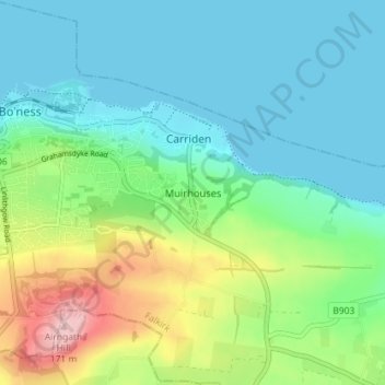 Muirhouses topographic map, elevation, terrain