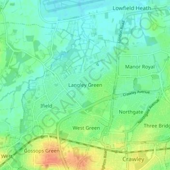 Langley Green topographic map, elevation, terrain