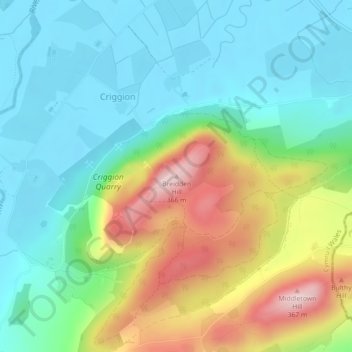 Breidden Hill topographic map, elevation, terrain