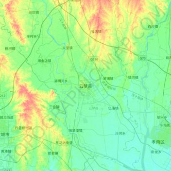 Yunmeng topographic map, elevation, terrain