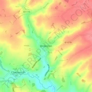 Bildeston topographic map, elevation, terrain