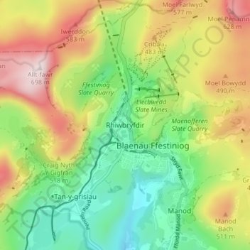 Rhiwbryfdir topographic map, elevation, terrain