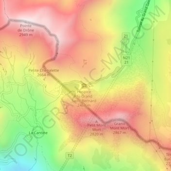 Great St Bernard Pass topographic map, elevation, terrain