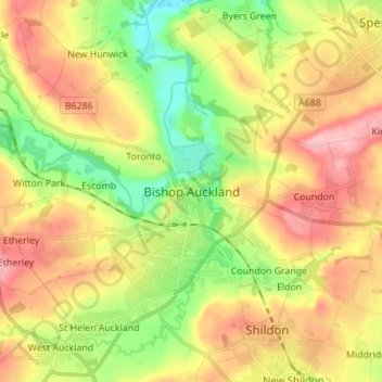 Bishop Auckland topographic map, elevation, terrain