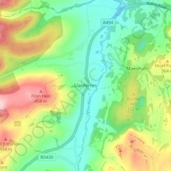 Llanferres topographic map, elevation, terrain