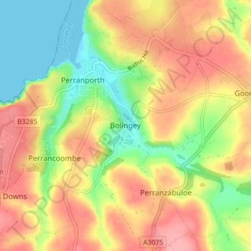 Bolingey topographic map, elevation, terrain