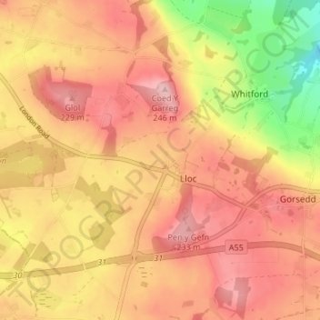 Pen-ffordd-llan topographic map, elevation, terrain