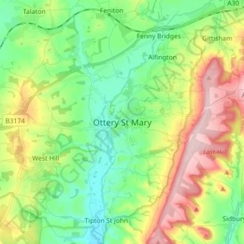 Ottery St Mary topographic map, elevation, terrain
