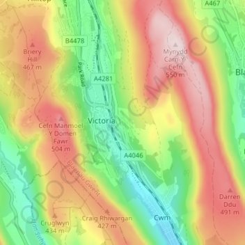 Waun-lwyd topographic map, elevation, terrain