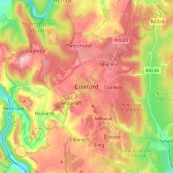 Coleford topographic map, elevation, terrain