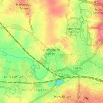 Newbold on Avon topographic map, elevation, terrain