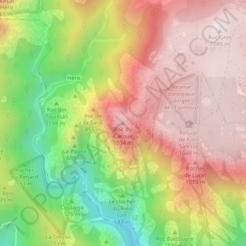 Roc du Caroux topographic map, elevation, terrain