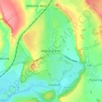 Milborne Port topographic map, elevation, terrain