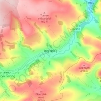 Tregeiriog topographic map, elevation, terrain