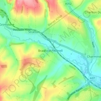 Bradford Peverell topographic map, elevation, terrain