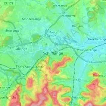 Schifflange topographic map, elevation, terrain