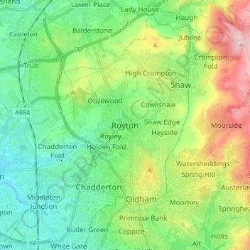 Royton topographic map, elevation, terrain