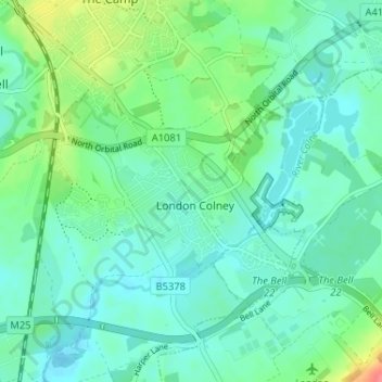 London Colney topographic map, elevation, terrain