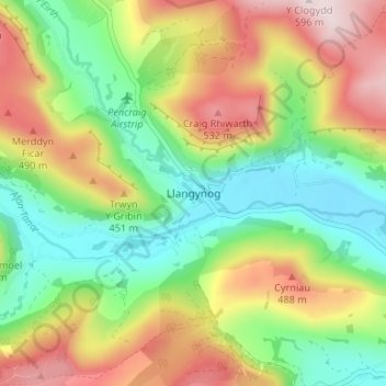 Llangynog topographic map, elevation, terrain