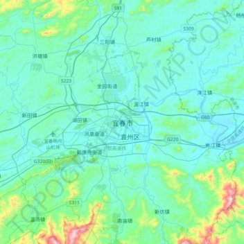 Yichun topographic map, elevation, terrain