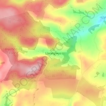 Llaneglwys topographic map, elevation, terrain