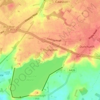 Thurlaston topographic map, elevation, terrain