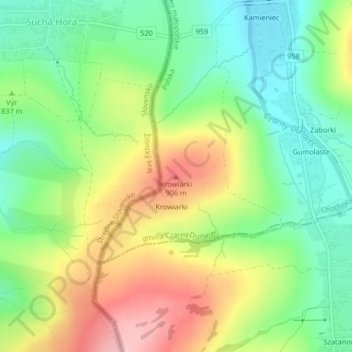 Krowiarki topographic map, elevation, terrain