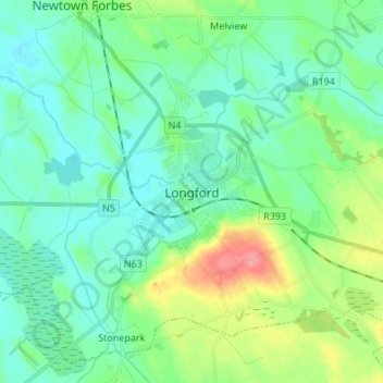 Longford topographic map, elevation, terrain