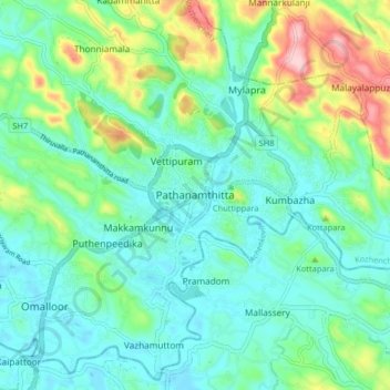 Pathanamthitta topographic map, elevation, terrain