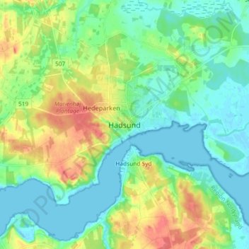 Hadsund topographic map, elevation, terrain