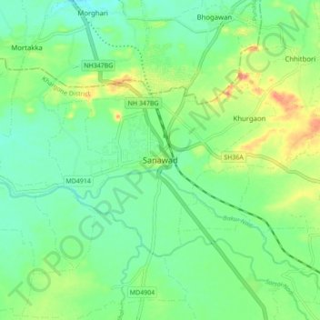 Sanawad topographic map, elevation, terrain