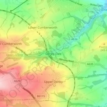 Denby Dale topographic map, elevation, terrain
