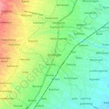 Delanggu topographic map, elevation, terrain