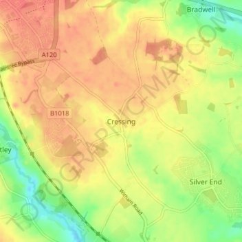 Cressing topographic map, elevation, terrain