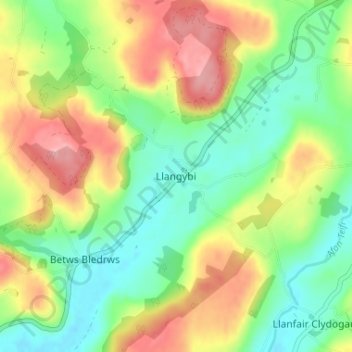 Llangybi topographic map, elevation, terrain