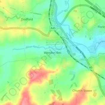 Weedon Bec topographic map, elevation, terrain