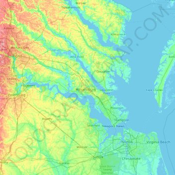 Williamsburg (city) topographic map, elevation, terrain