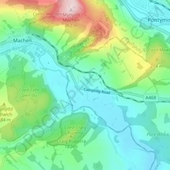 Lower Machen topographic map, elevation, terrain