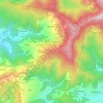 Binsar topographic map, elevation, terrain