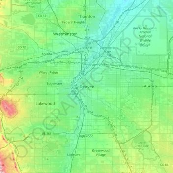 Denver topographic map, elevation, terrain