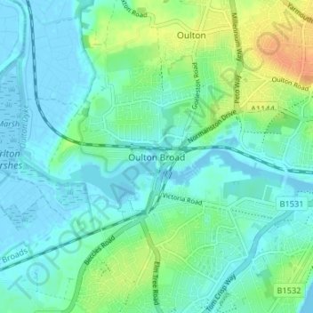 Oulton Broad topographic map, elevation, terrain