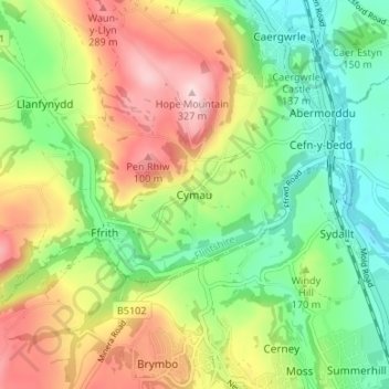 Cymau topographic map, elevation, terrain