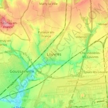 Louvres topographic map, elevation, terrain