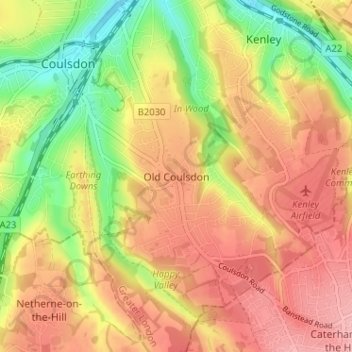 Old Coulsdon topographic map, elevation, terrain