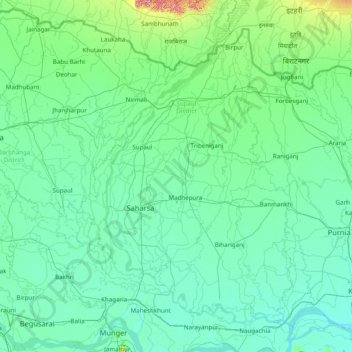 Saharsa topographic map, elevation, terrain