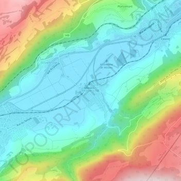 Môtiers NE topographic map, elevation, terrain